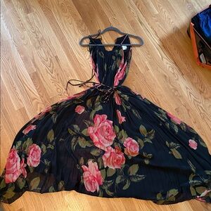 Anthropologie Floral Black and Pink Pleated Dress